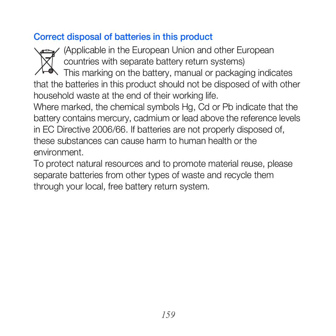 Samsung GT-I8000ISEITV, GT-I8000DBBDBT, GT-I8000KKETUR, GT-I8000KKBTUR manual Correct disposal of batteries in this product 