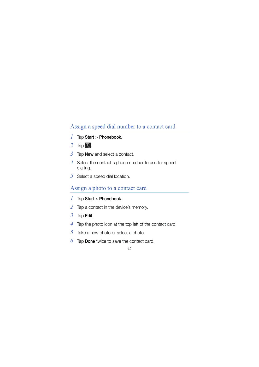 Samsung GT-I8000KKEATL manual Assign a speed dial number to a contact card, Assign a photo to a contact card, Dialling 