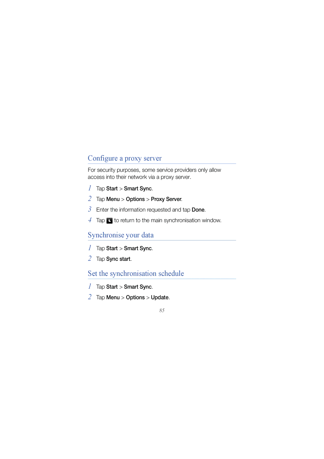 Samsung GT-I8000RREO2C Configure a proxy server, Set the synchronisation schedule, Tap Start Smart Sync Tap Sync start 