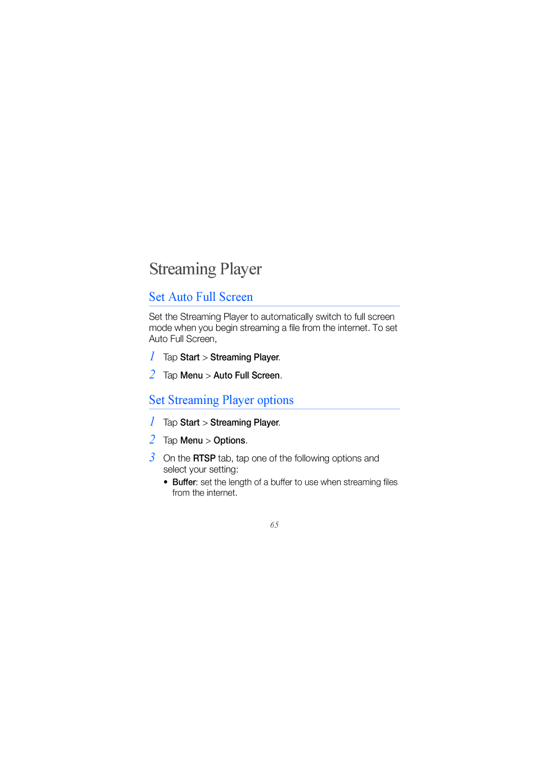 Samsung GT-I8000RWAATL, GT-I8000DBBDBT, GT-I8000KKETUR manual Set Auto Full Screen, Set Streaming Player options 