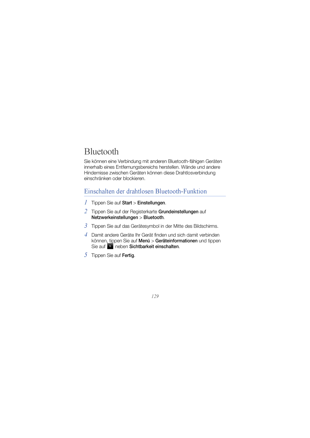 Samsung GT-I8000KKBDTM, GT-I8000DBBDBT, GT-I8000KKETUR manual Einschalten der drahtlosen Bluetooth-Funktion, 129 
