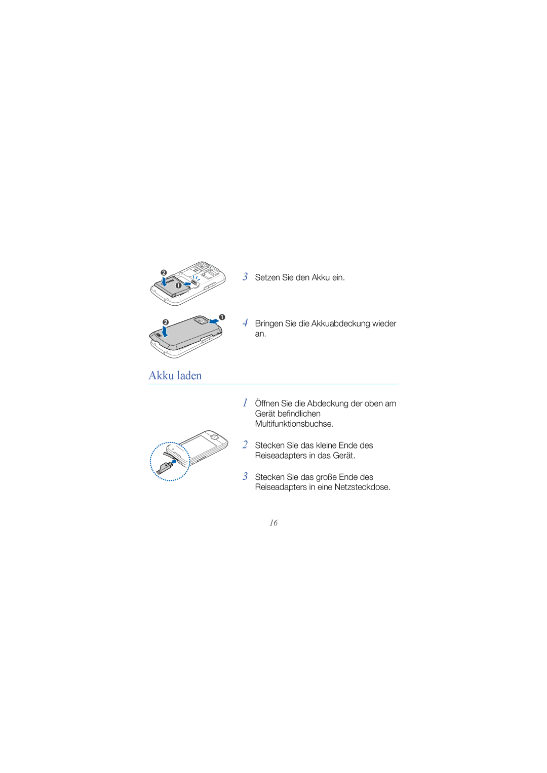 Samsung GT-I8000KKADTM, GT-I8000DBBDBT, GT-I8000KKETUR, GT-I8000KKBTUR, GT-I8000KKBDBT, GT-I8000ISADBT manual Akku laden 