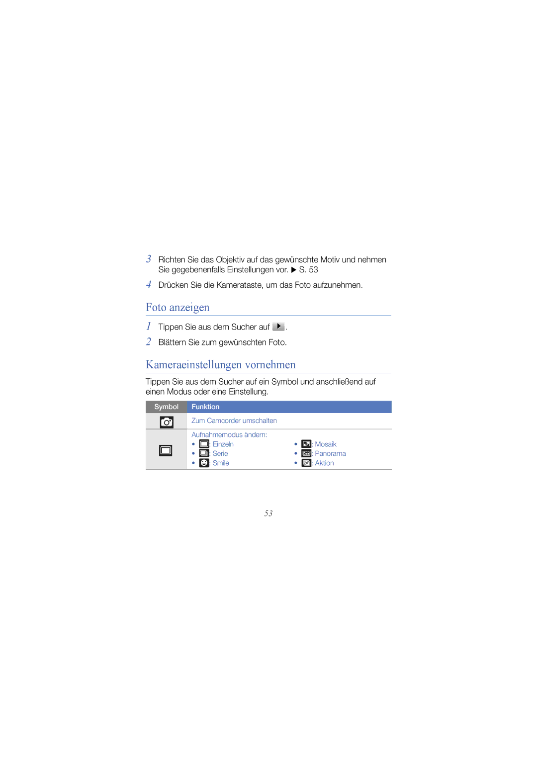 Samsung GT-I8000KKETUR, GT-I8000DBBDBT, GT-I8000KKBTUR, GT-I8000KKADTM manual Foto anzeigen, Kameraeinstellungen vornehmen 