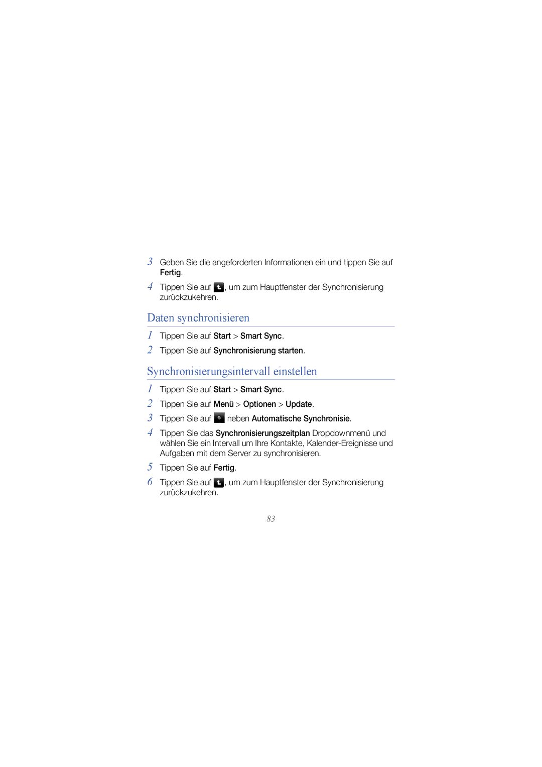 Samsung GT-I8000ISADBT, GT-I8000DBBDBT, GT-I8000KKETUR manual Daten synchronisieren, Synchronisierungsintervall einstellen 