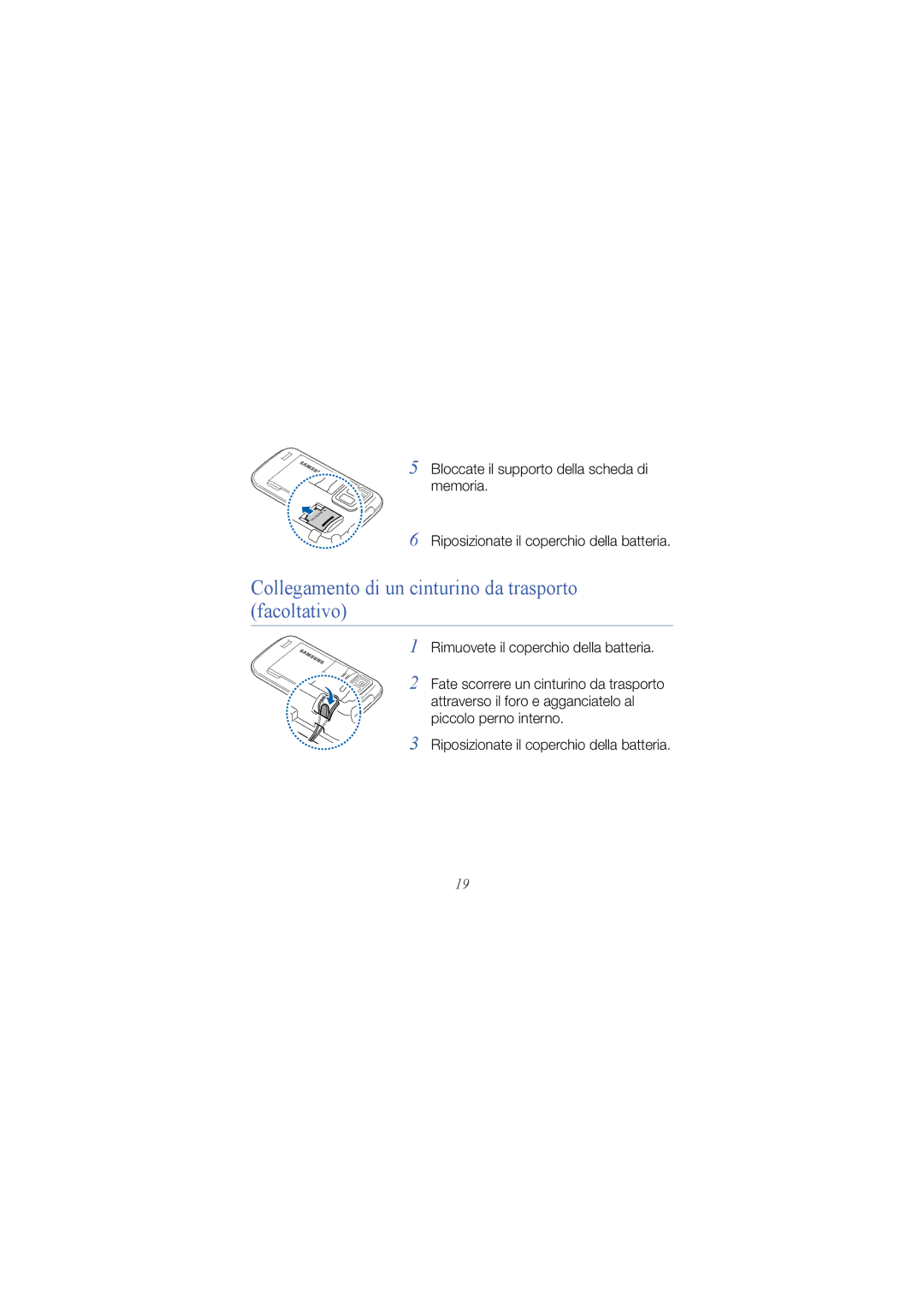 Samsung GT-I8000EKEITV manual Collegamento di un cinturino da trasporto facoltativo, Rimuovete il coperchio della batteria 