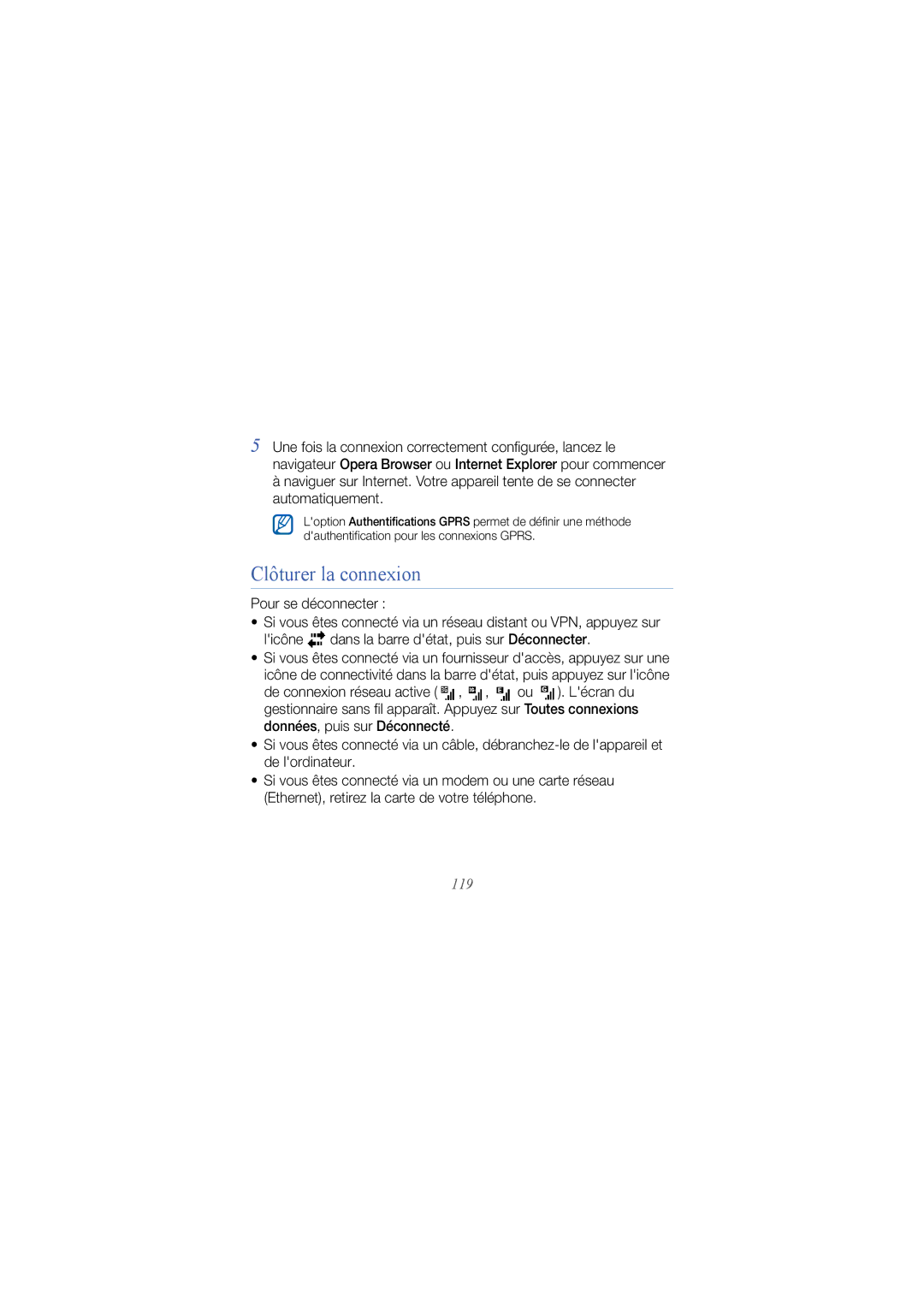 Samsung GT-I8000ISESFR, GT-I8000ISEFTM, GT-I8000ISAXEF, GT-I8000EKEXEF manual Clôturer la connexion, Pour se déconnecter, 119 