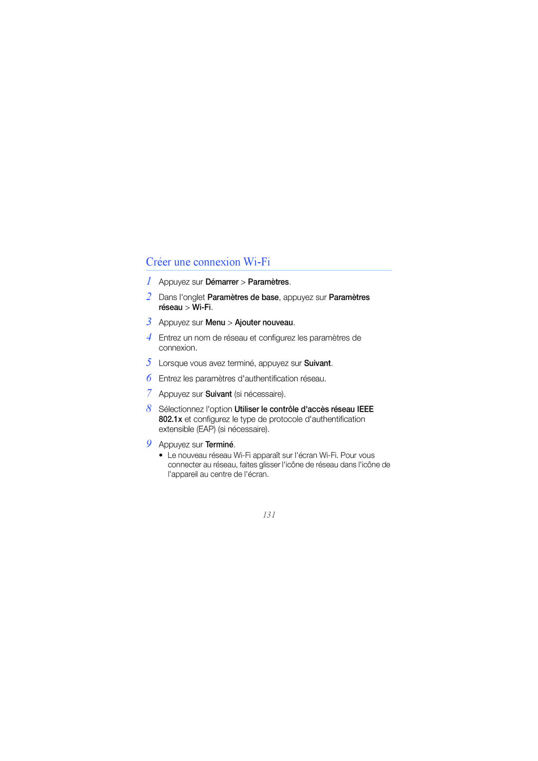 Samsung GT-I8000ISEXEF, GT-I8000ISEFTM, GT-I8000ISAXEF, GT-I8000ISESFR, GT-I8000EKEXEF manual Créer une connexion Wi-Fi, 131 