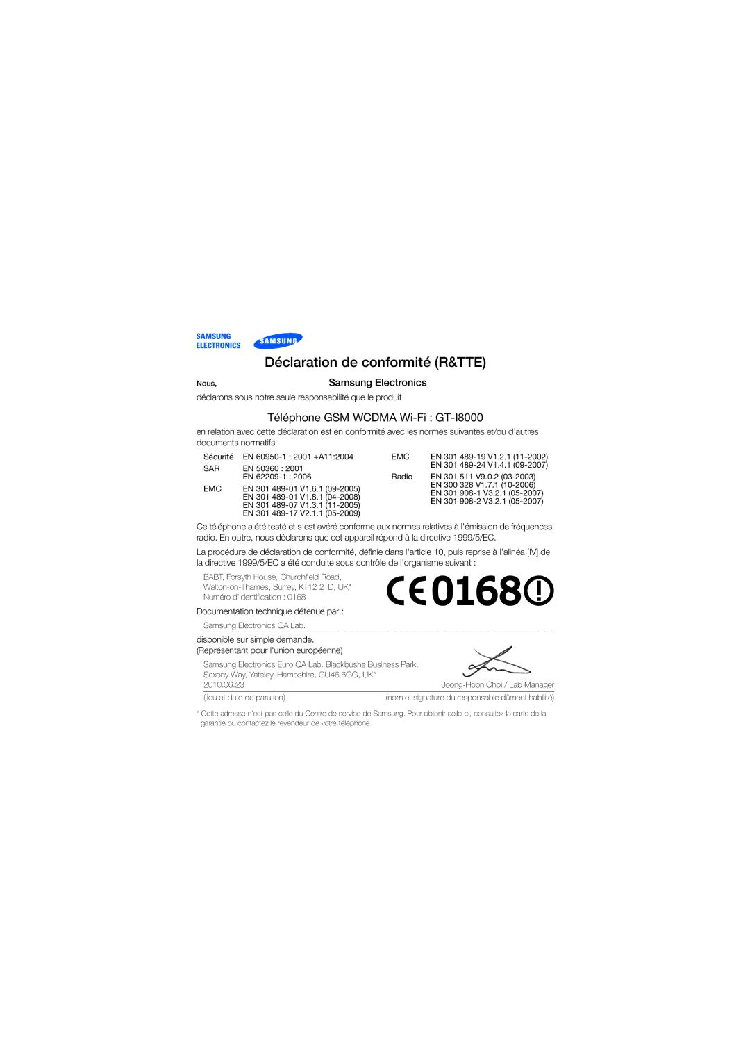 Samsung GT-I8000KKEFTM, GT-I8000ISEFTM, GT-I8000ISAXEF, GT-I8000ISESFR, GT-I8000EKEXEF manual Déclaration de conformité R&TTE 