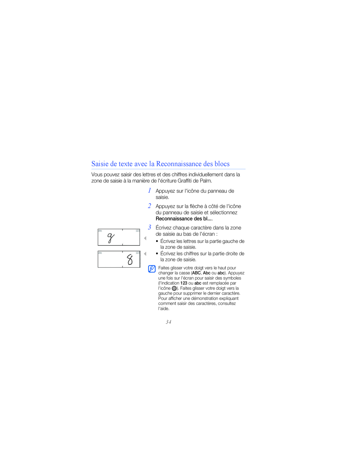 Samsung GT-I8000KKEXEF manual Saisie de texte avec la Reconnaissance des blocs, Appuyez sur licône du panneau de saisie 