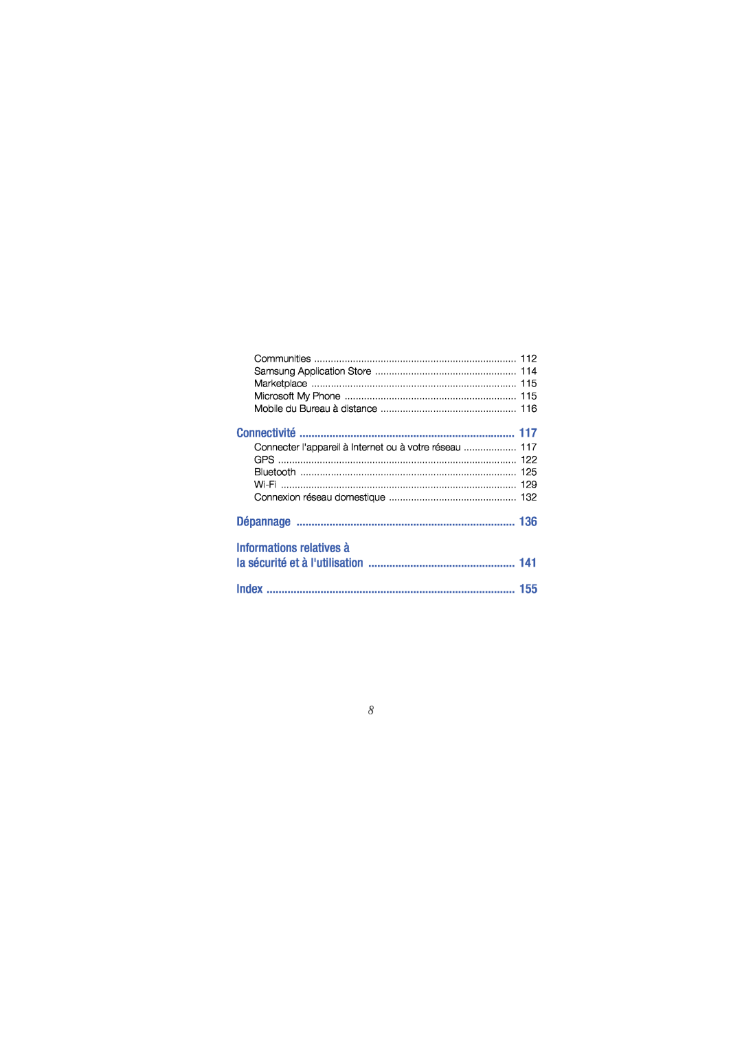 Samsung GT-I8000RWEFTM manual Informations relatives à, Connectivité, Dépannage, la sécurité et à lutilisation, Index 