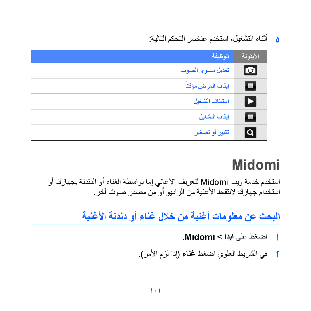 Samsung GT-I8000KKAAFR, GT-I8000KKAKEN ةينغلأا ةندند وأ ءانغ للاخ نم ةينغأ تامولعم نع ثحبلا, Midomi أدبا ىلع طغضا, 101 