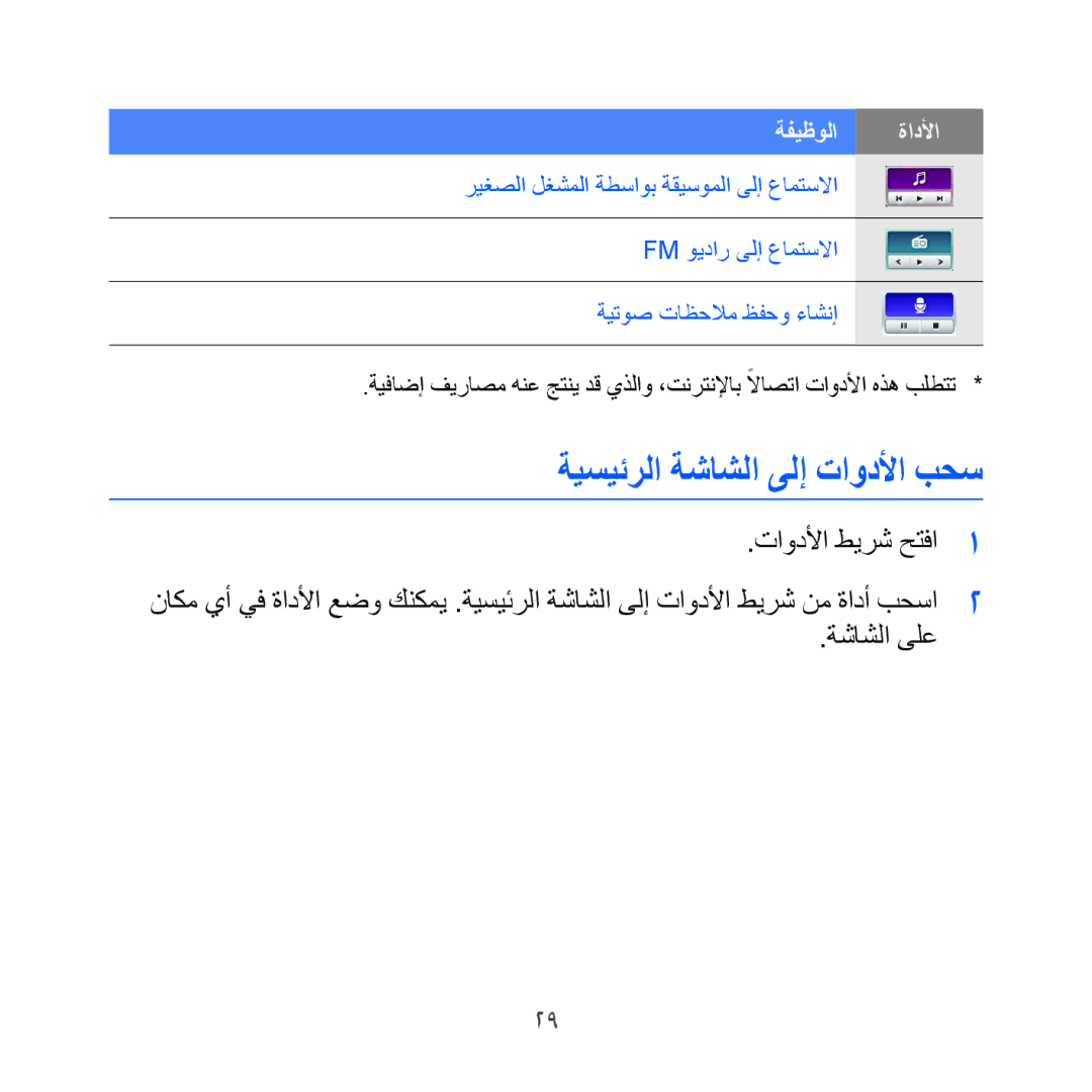 Samsung GT-I8000KKAABS, GT-I8000KKAKEN, GT-I8000KKATHR, GT-I8000KKBARB, GT-I8000KKEITO manual ةيسيئرلا ةشاشلا ىلإ تاودلأا بحس 