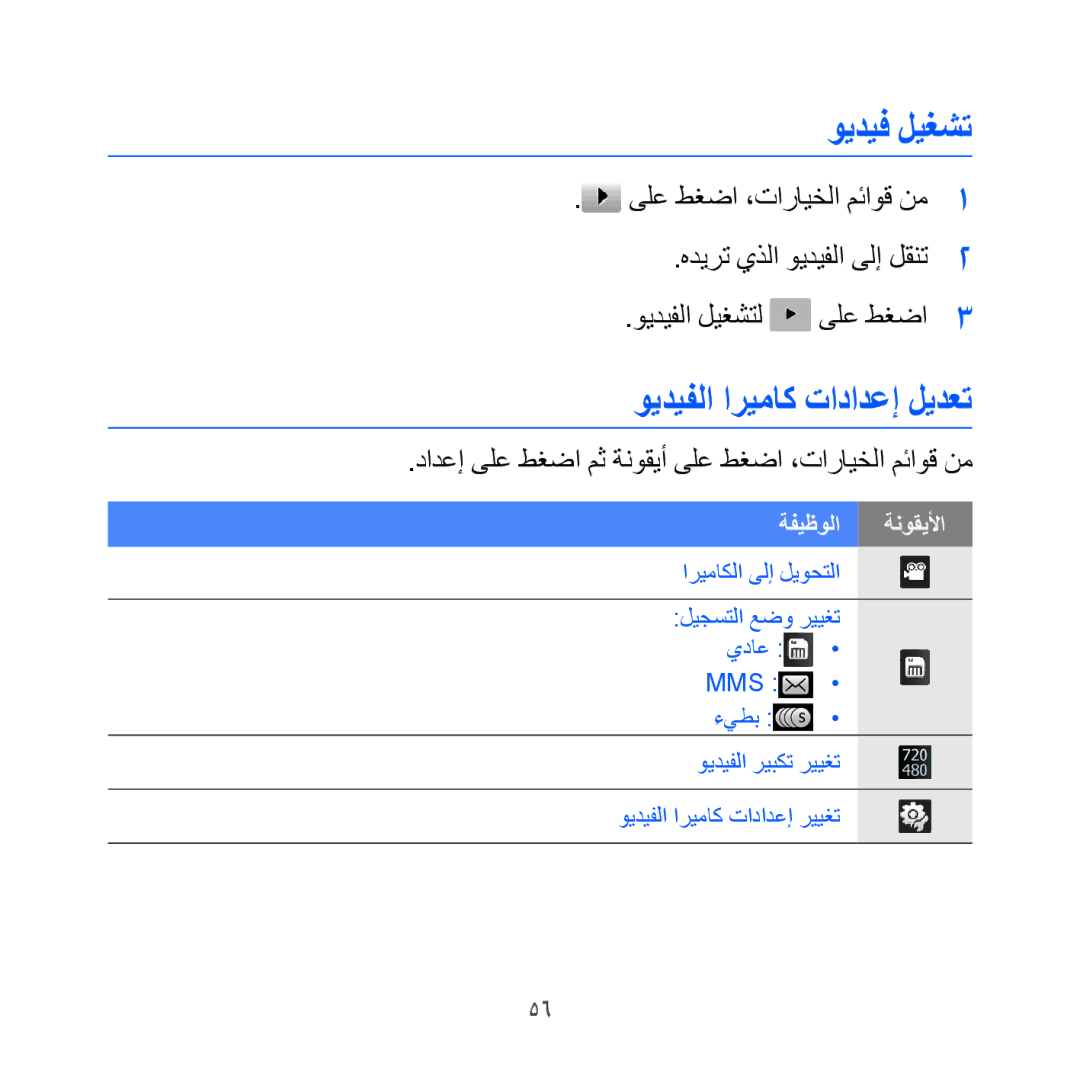 Samsung GT-I8000KKAMMC ويديف ليغشت, ويديفلا اريماك تادادعإ ليدعت, دادعإ ىلع طغضا مث ةنوقيأ ىلع طغضا ،تارايخلا مئاوق نم 