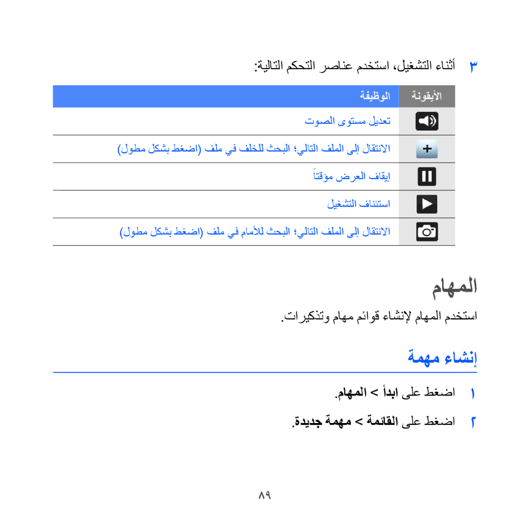 Samsung GT-I8000KKBTMC, GT-I8000KKAKEN, GT-I8000KKATHR manual ةمهم ءاشنإ, تاريكذتو ماهم مئاوق ءاشنلإ ماهملا مدختسا 