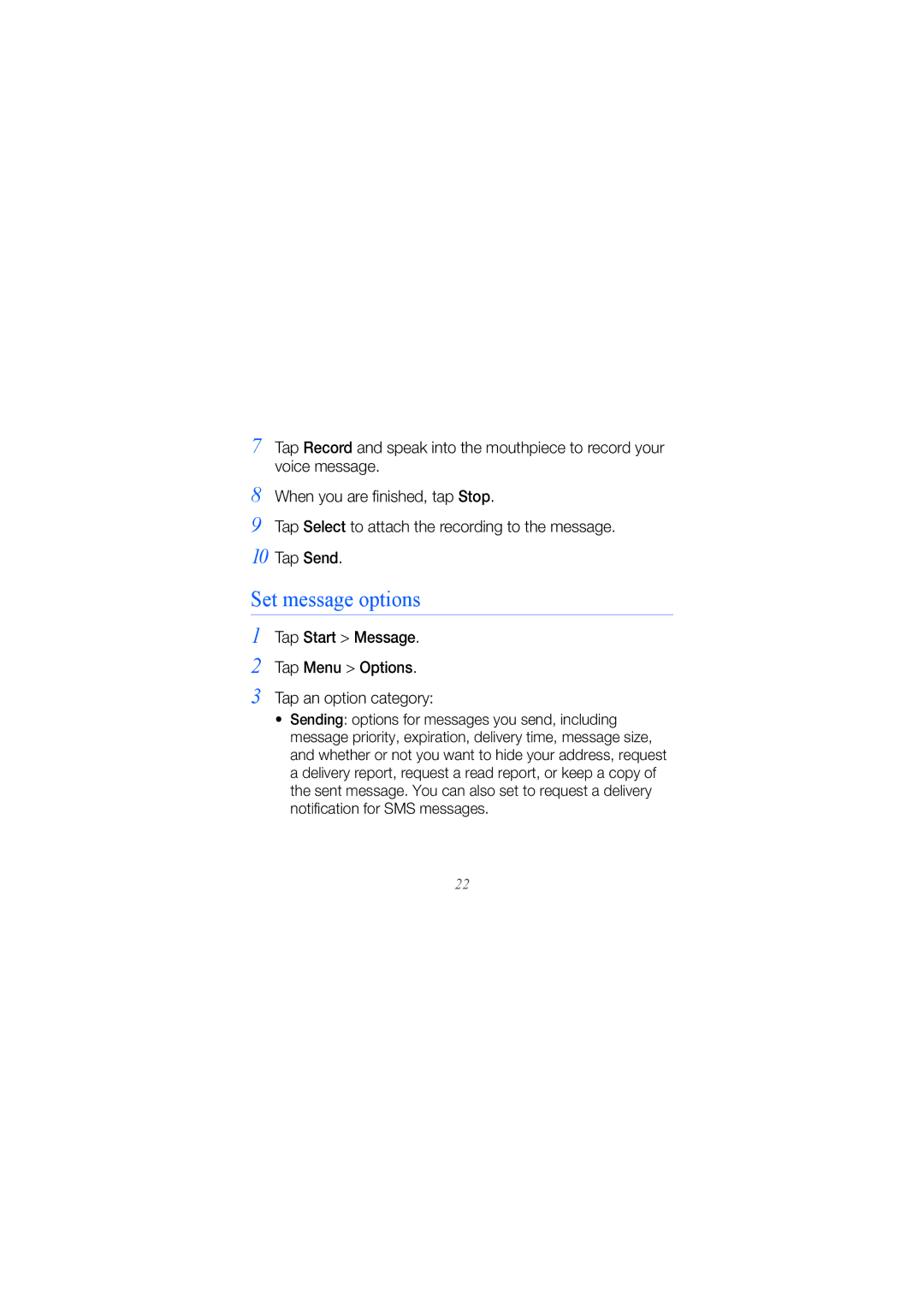 Samsung GT-I8000RWAMID, GT-I8000KKAKEN manual Set message options, Tap Start Message Tap Menu Options Tap an option category 