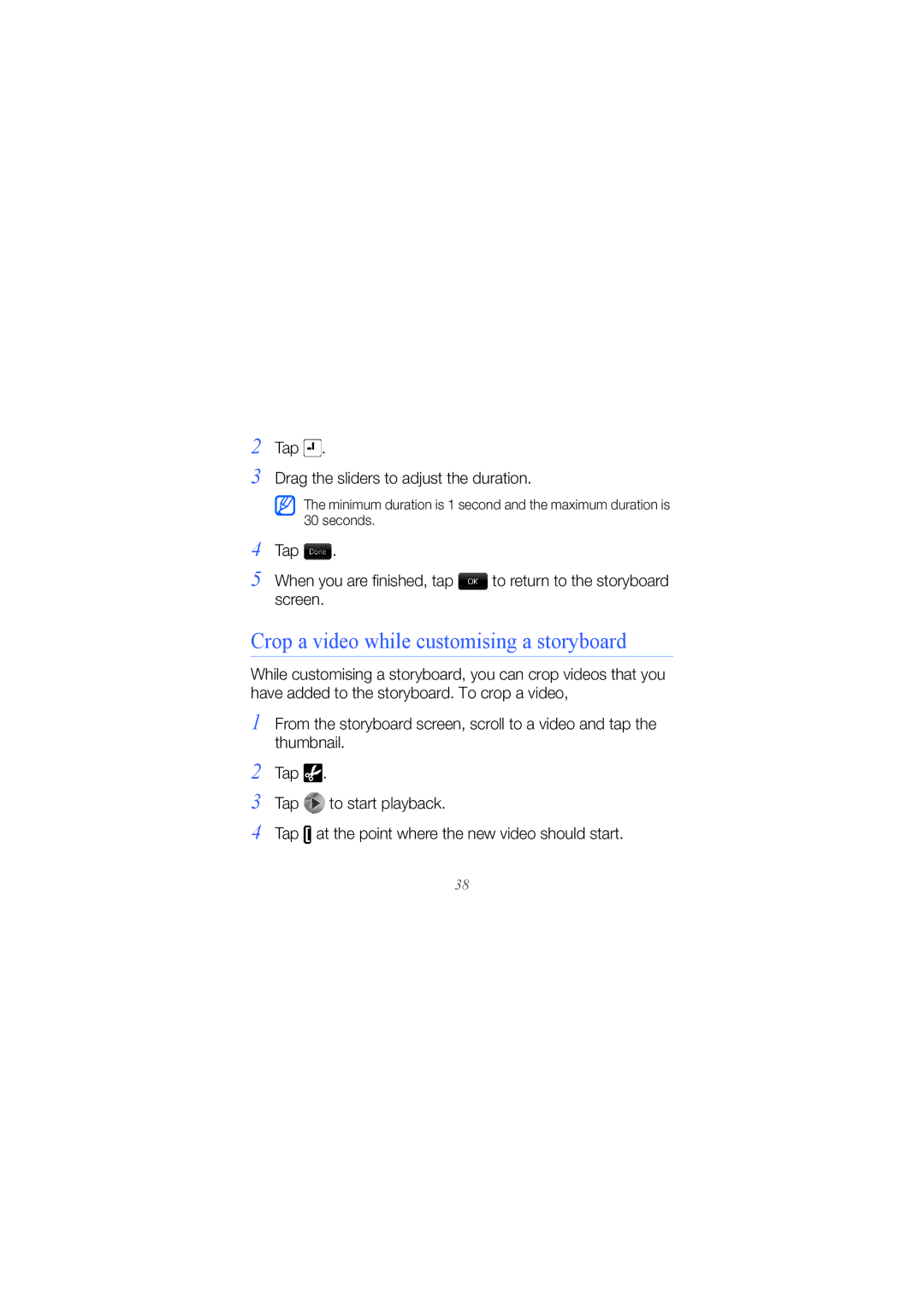 Samsung GT-I8000KKAMWD, GT-I8000KKAKEN, GT-I8000KKATHR, GT-I8000KKBARB manual Crop a video while customising a storyboard 