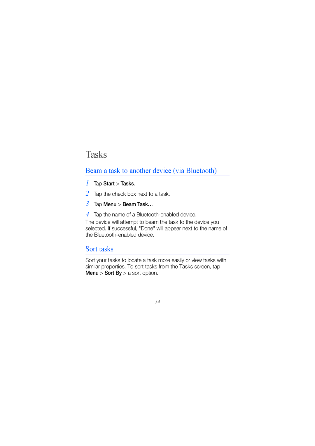 Samsung GT-I8000XNAXEV, GT-I8000KKAKEN, GT-I8000KKATHR manual Tasks, Beam a task to another device via Bluetooth, Sort tasks 