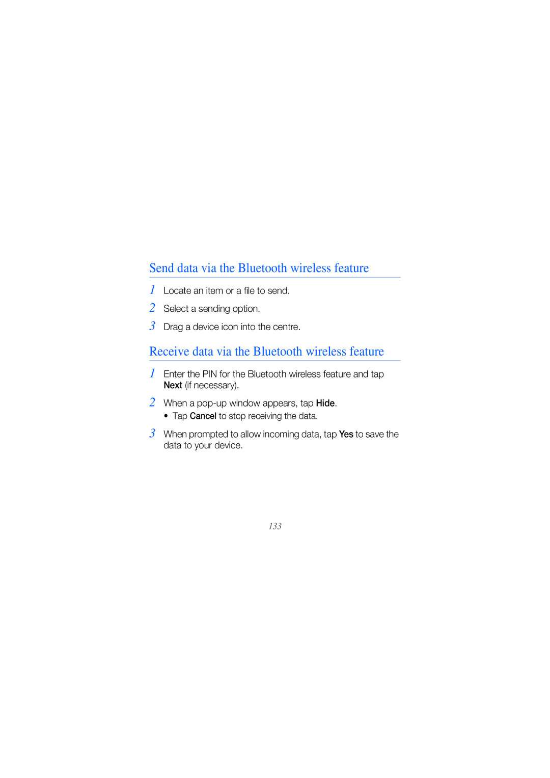 Samsung GT-I8000RWAXSG manual Send data via the Bluetooth wireless feature, Receive data via the Bluetooth wireless feature 