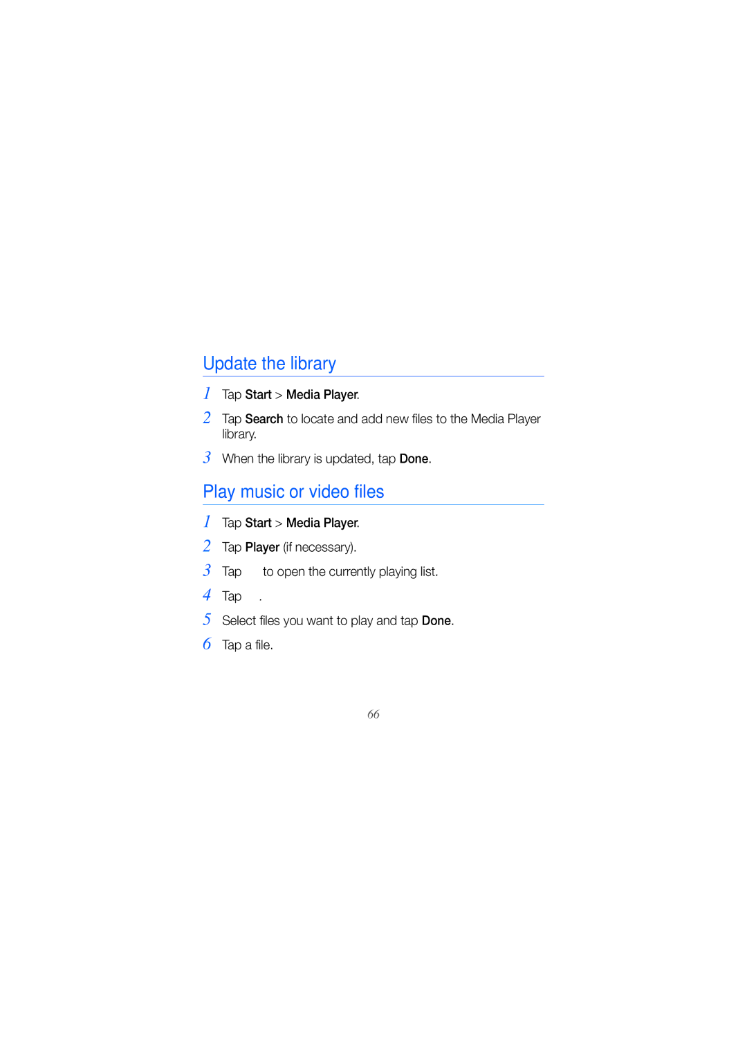 Samsung GT-I8000DBAXME, GT-I8000KKAKEN, GT-I8000KKATHR, GT-I8000KKBARB manual Update the library, Play music or video files 