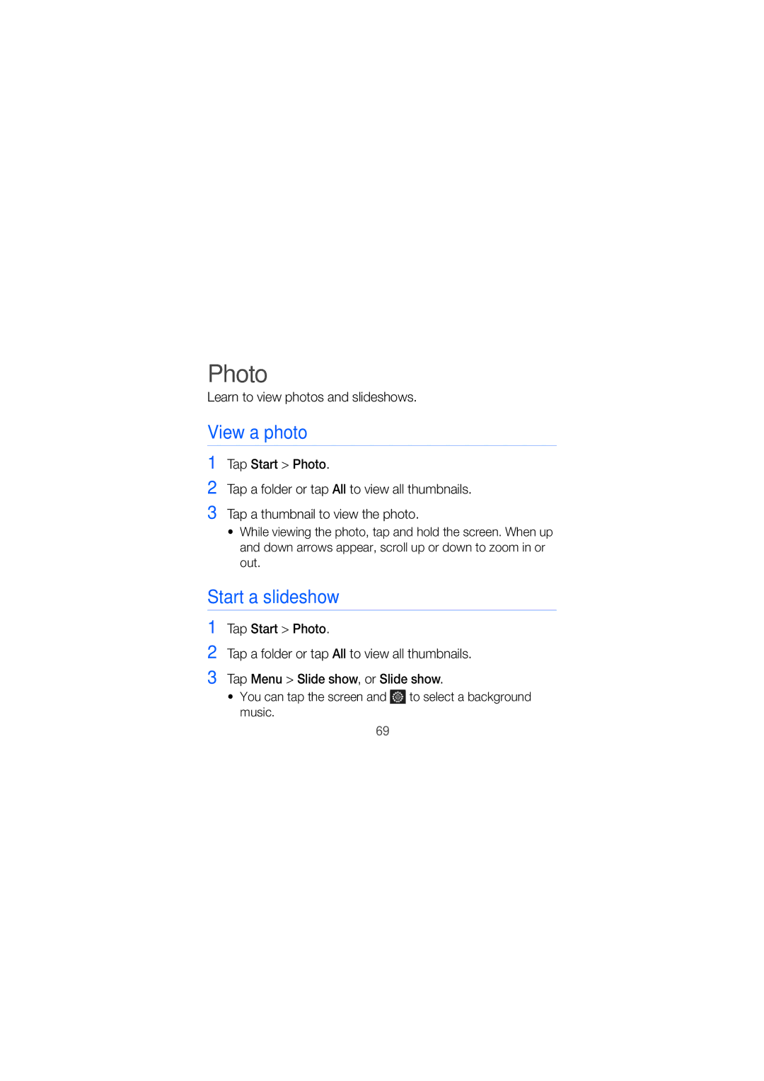 Samsung GT-I8000KKWXSG, GT-I8000KKAKEN manual Start a slideshow, Learn to view photos and slideshows, Tap Start Photo 