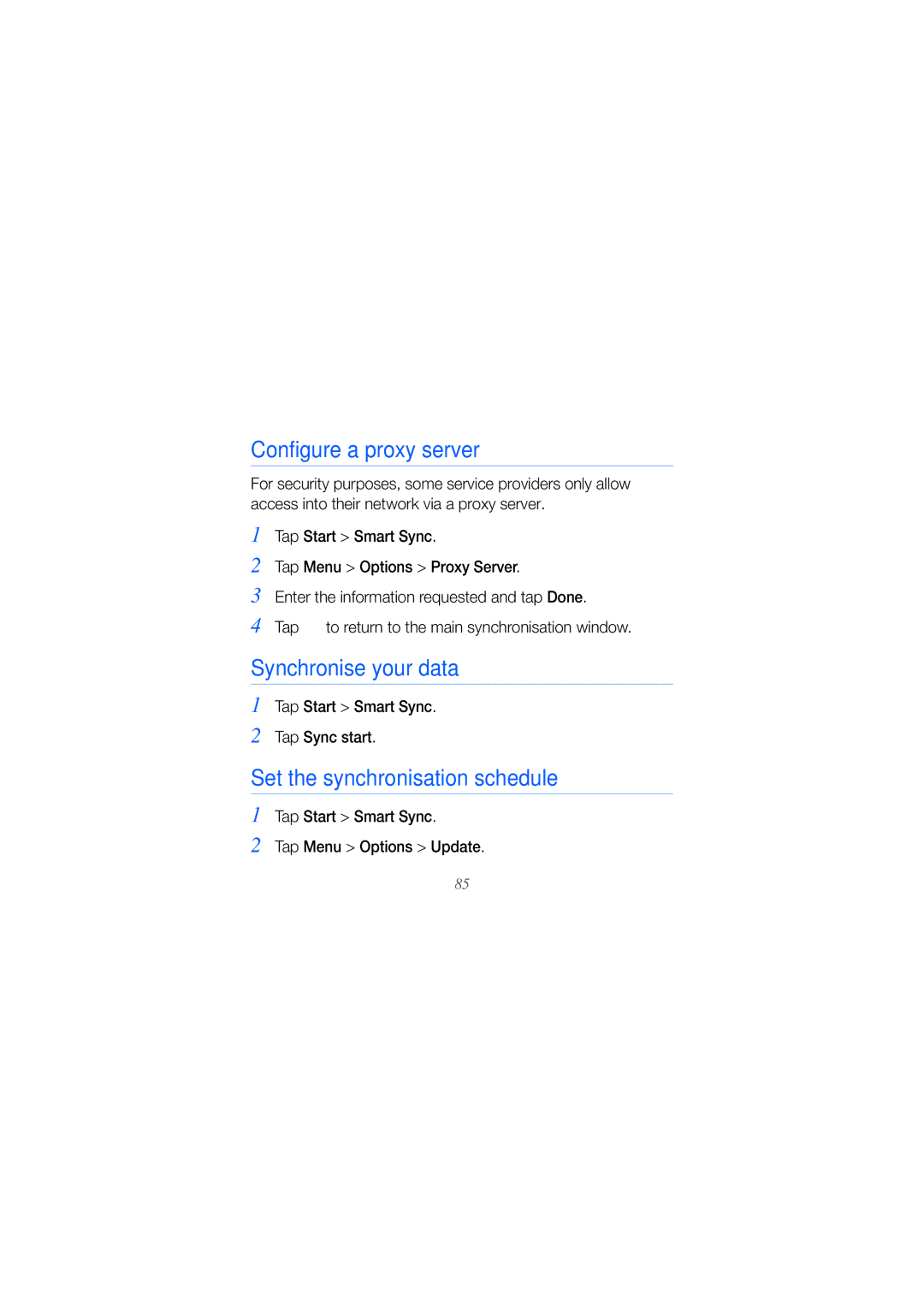 Samsung GT-I8000KKAABS Configure a proxy server, Set the synchronisation schedule, Tap Start Smart Sync Tap Sync start 