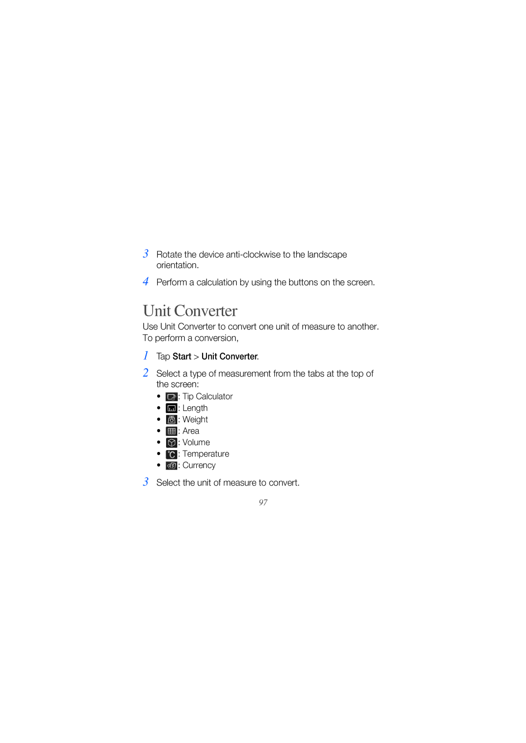 Samsung GT-I8000XNBXEV, GT-I8000KKAKEN, GT-I8000KKATHR, GT-I8000KKBARB Unit Converter, Select the unit of measure to convert 