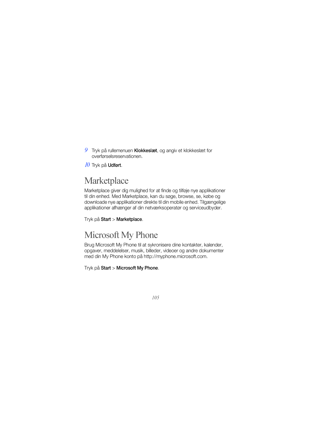 Samsung GT-I8000KKYNEE, GT-I8000KKYXEE manual Tryk på Start Marketplace, Tryk på Start Microsoft My Phone, 105 