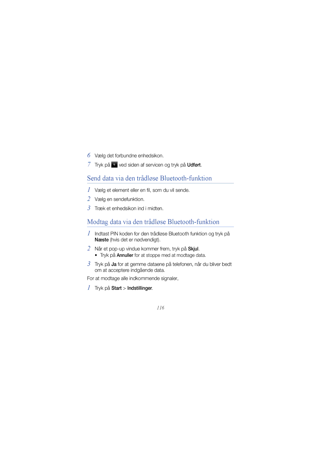 Samsung GT-I8000KKYXEE Send data via den trådløse Bluetooth-funktion, Modtag data via den trådløse Bluetooth-funktion, 116 