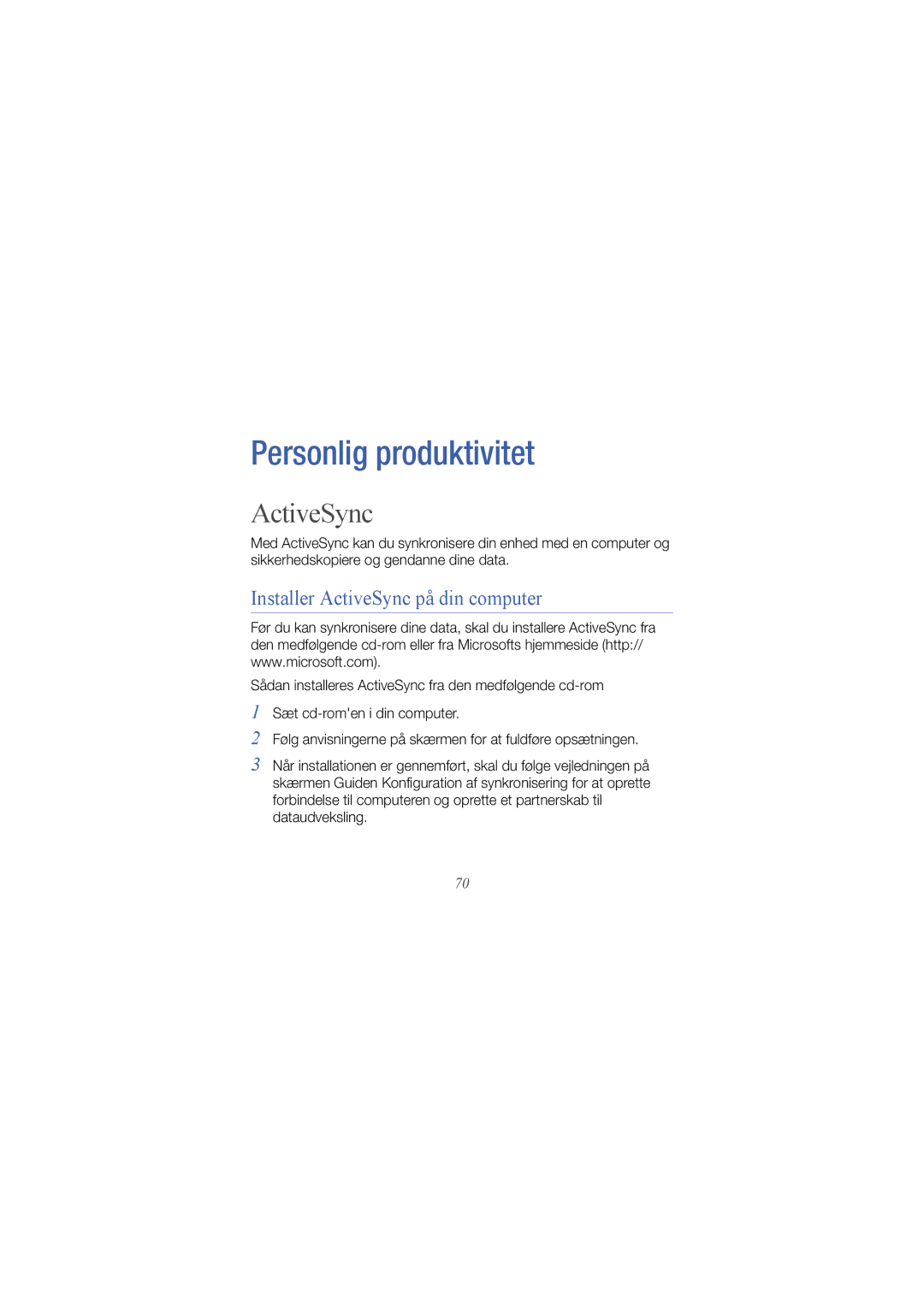 Samsung GT-I8000KKYNEE, GT-I8000KKYXEE, GT-I8000KKRXEE, GT-I8000RWYNEE manual Installer ActiveSync på din computer 