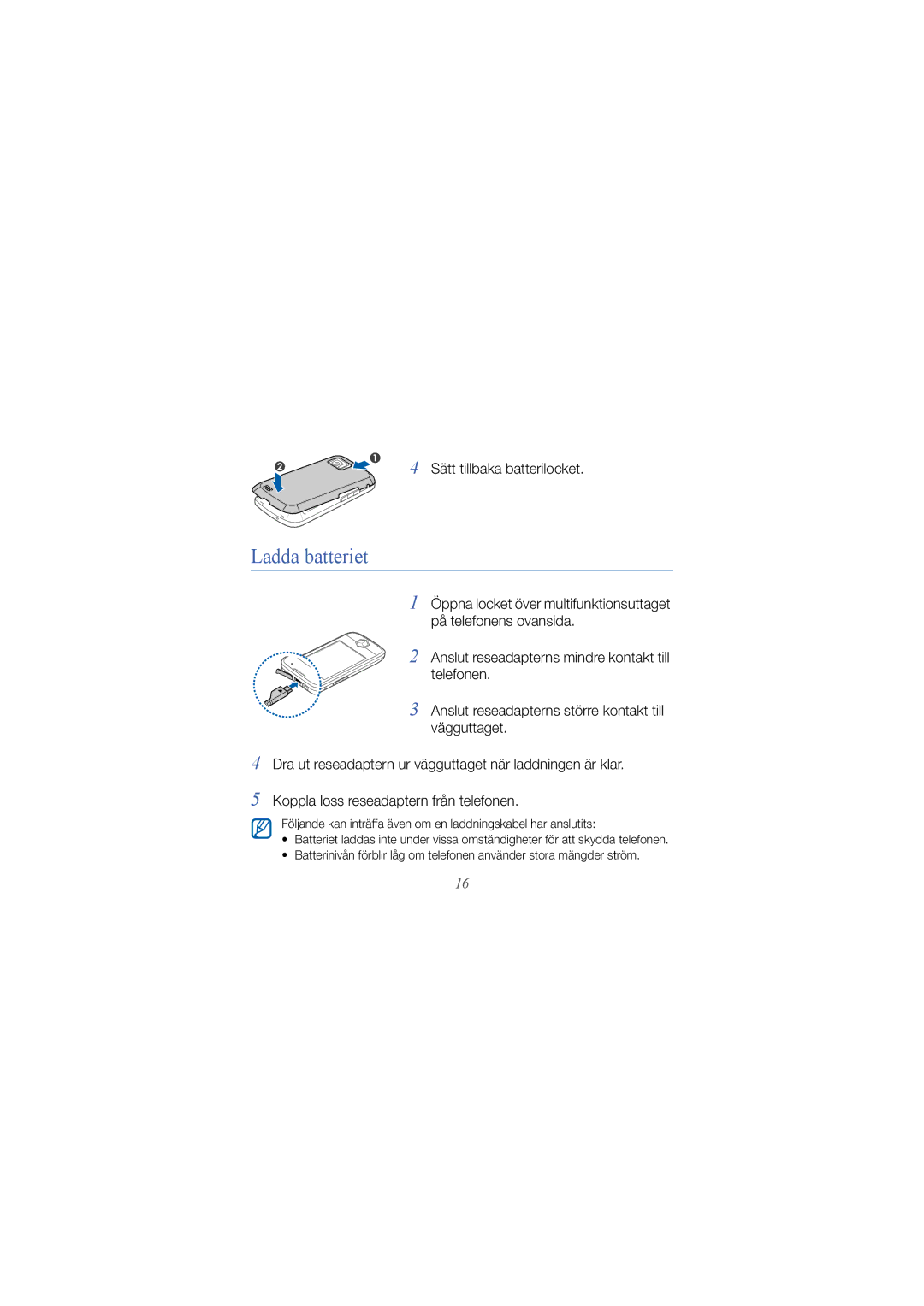 Samsung GT-I8000KKYXEE, GT-I8000KKYNEE, GT-I8000KKRXEE, GT-I8000RWYNEE manual Ladda batteriet, Sätt tillbaka batterilocket 