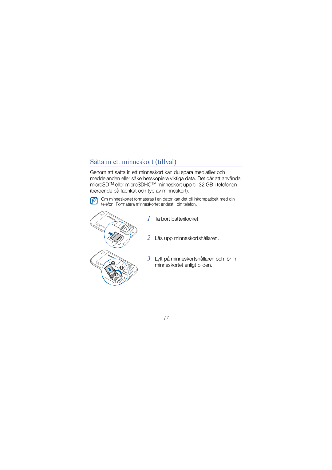 Samsung GT-I8000KKRXEE, GT-I8000KKYNEE, GT-I8000KKYXEE, GT-I8000RWYNEE, GT-I8000RWYXEE manual Sätta in ett minneskort tillval 