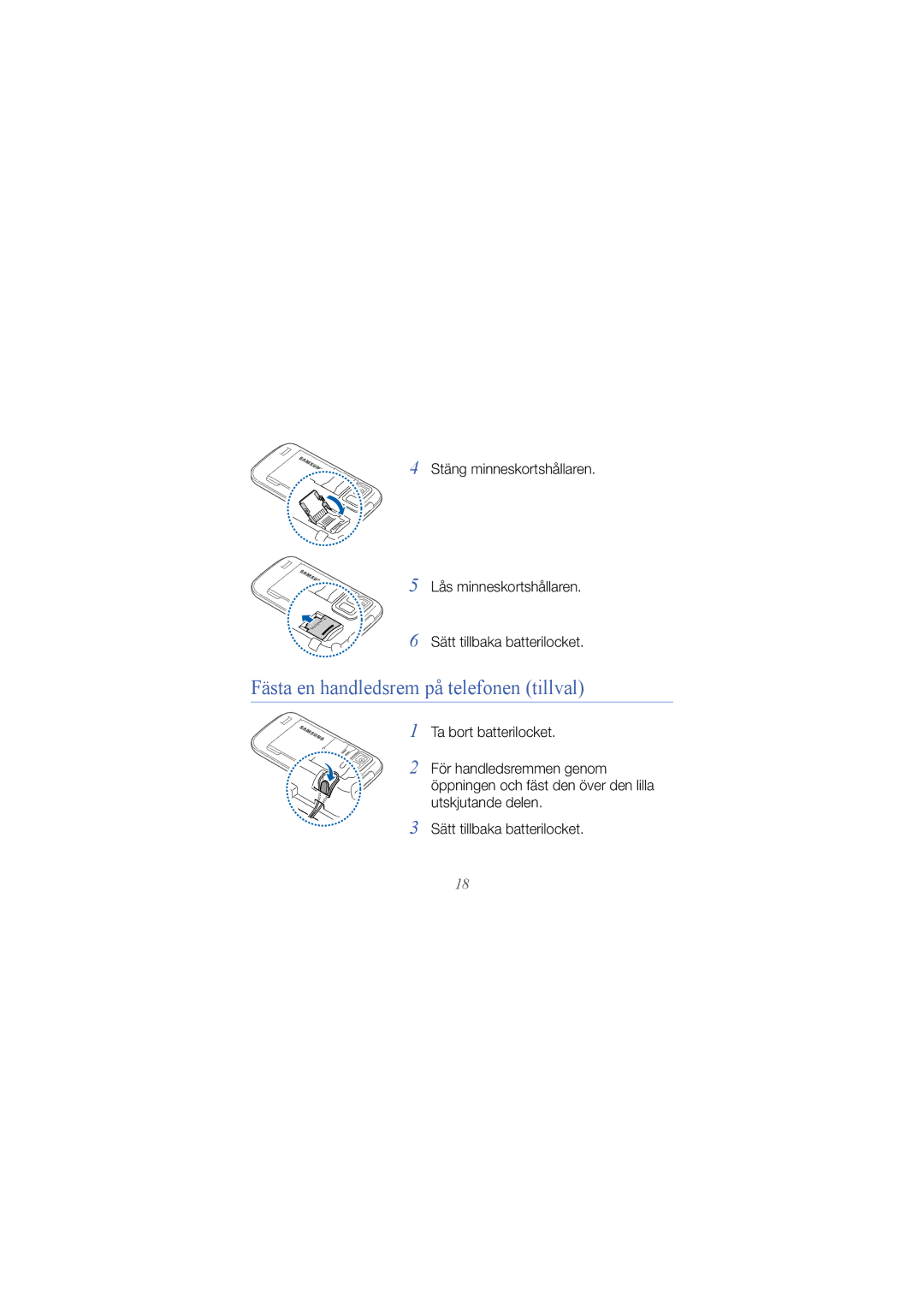 Samsung GT-I8000RWYNEE, GT-I8000KKYNEE, GT-I8000KKYXEE, GT-I8000KKRXEE manual Fästa en handledsrem på telefonen tillval 