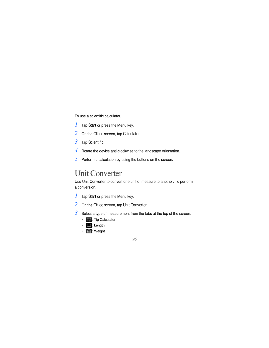 Samsung GT-i8000L user manual Tap Scientific, On the Office screen, tap Unit Converter 