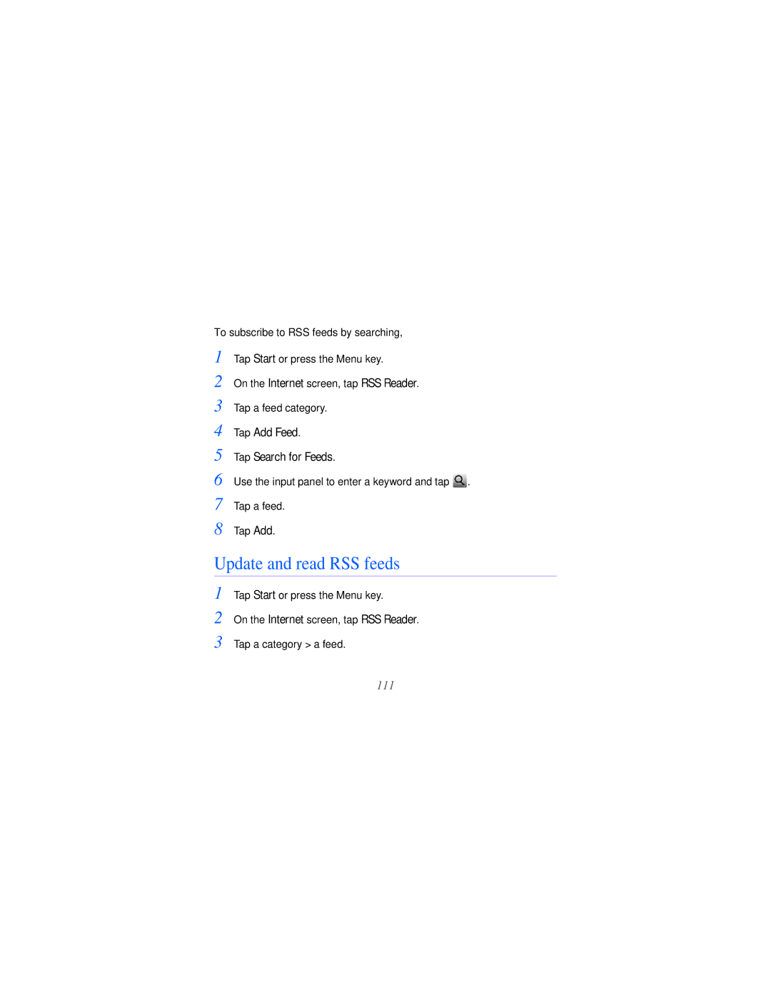 Samsung GT-i8000L user manual Update and read RSS feeds, Tap Add Feed Tap Search for Feeds 