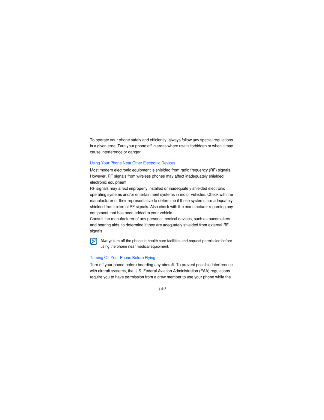 Samsung GT-i8000L user manual Using Your Phone Near Other Electronic Devices, Turning Off Your Phone Before Flying 