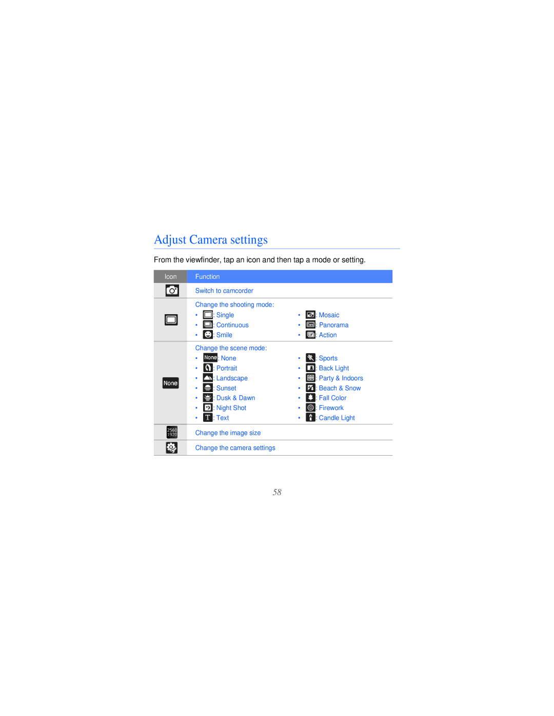 Samsung GT-i8000L user manual Adjust Camera settings 