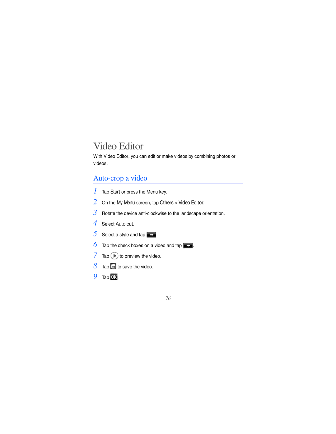 Samsung GT-i8000L user manual Auto-crop a video, On the My Menu screen, tap Others Video Editor 