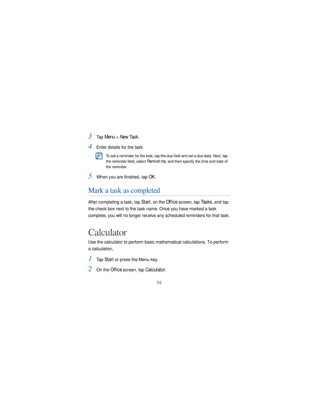 Samsung GT-i8000L user manual Calculator, Mark a task as completed, Tap Menu New Task 