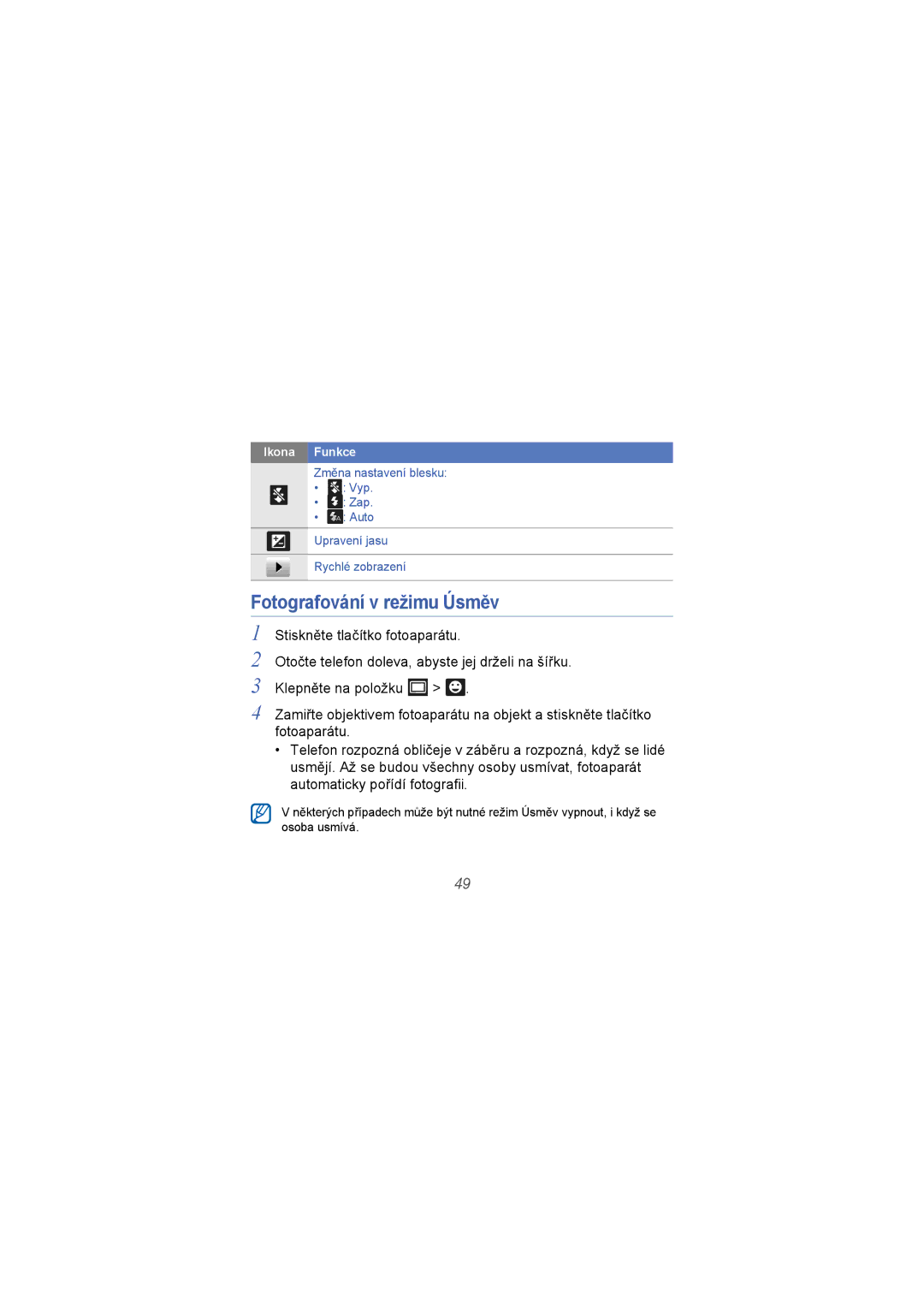 Samsung GT-I8000KKEXEZ, GT-I8000RREVDC, GT-I8000KKAXCS, GT-I8000RWAXCS, GT-I8000KKJXCS manual Fotografování v režimu Úsměv 