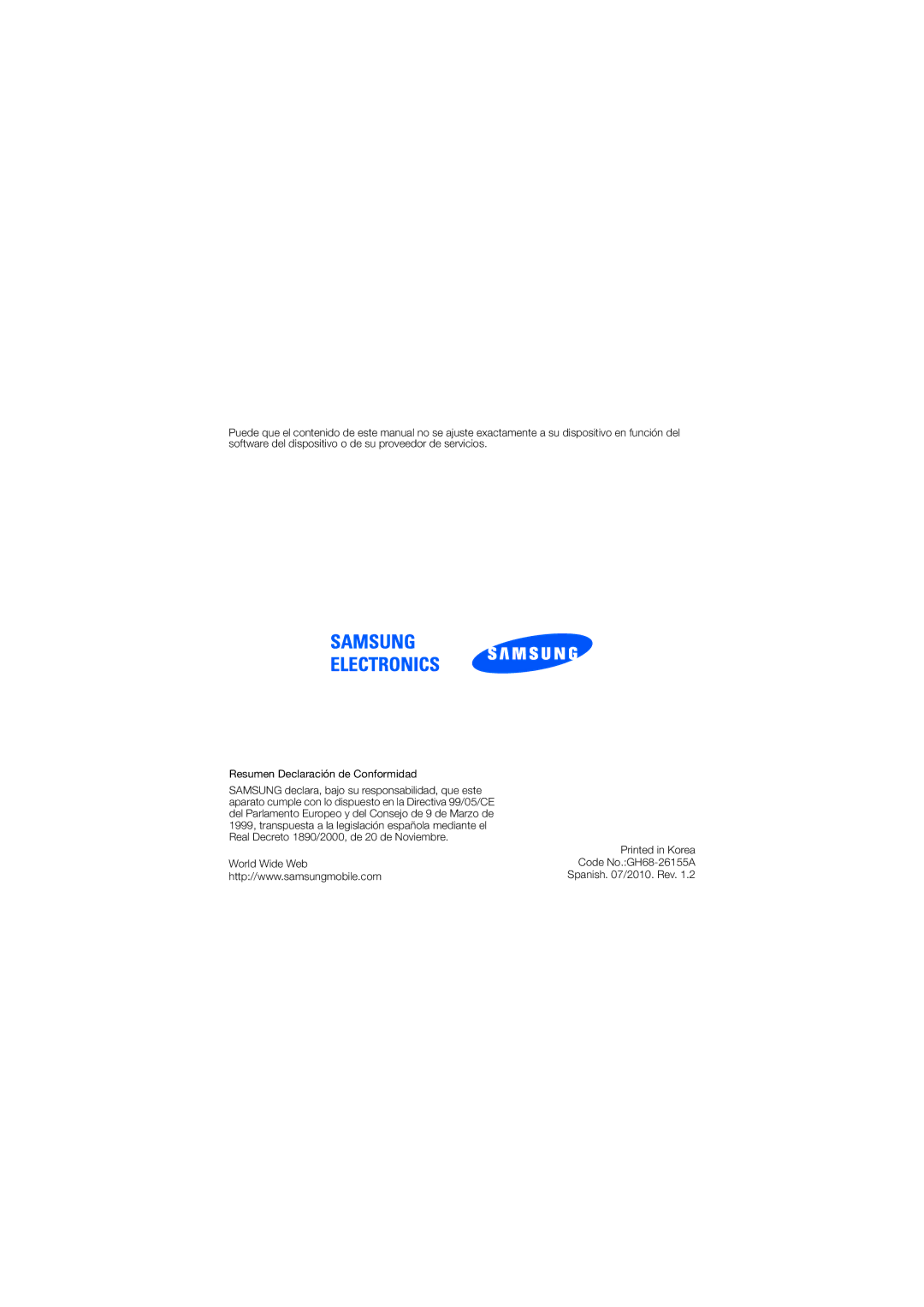 Samsung GT-I8000KKAYOG, GT-I8000RWCXEC, GT-I8000KKCXEC, GT-I8000RRAEUS World Wide Web Code No.GH68-26155A Spanish /2010. Rev 