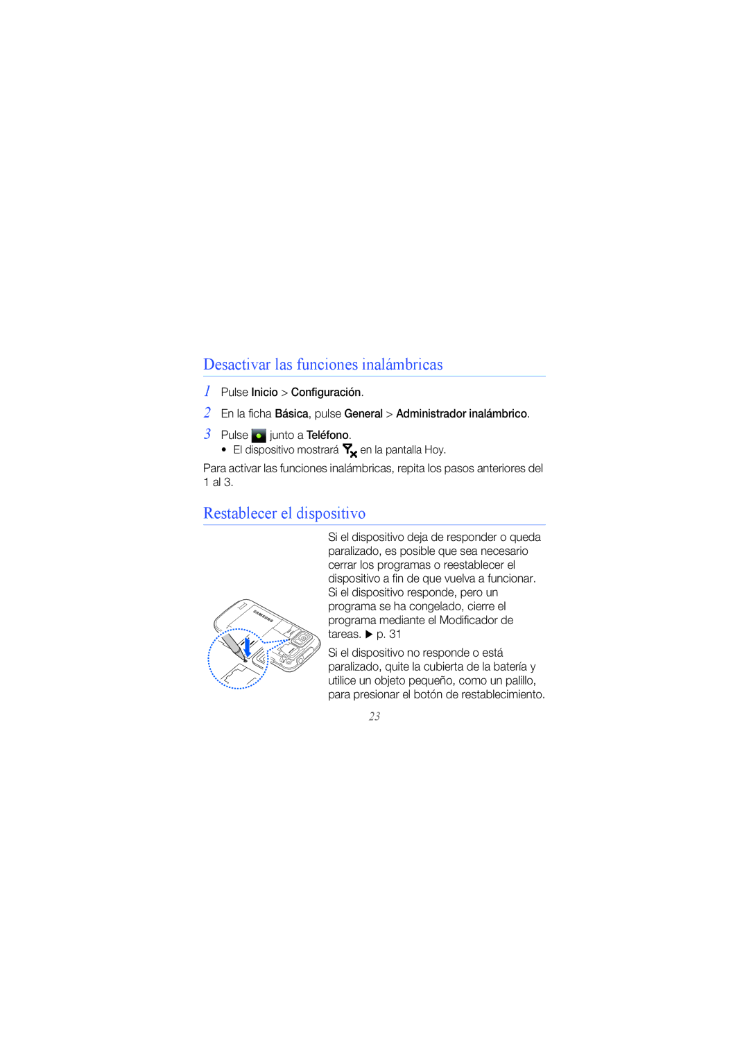 Samsung GT-I8000EKEATL, GT-I8000RWCXEC, GT-I8000KKCXEC Desactivar las funciones inalámbricas, Restablecer el dispositivo 