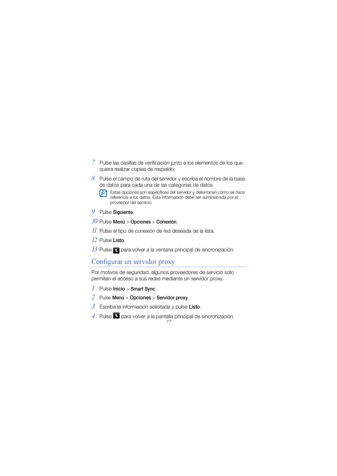 Samsung GT-I8000KKAATL, GT-I8000RWCXEC, GT-I8000KKCXEC, GT-I8000RRAEUS Configurar un servidor proxy, Pulse Inicio Smart Sync 