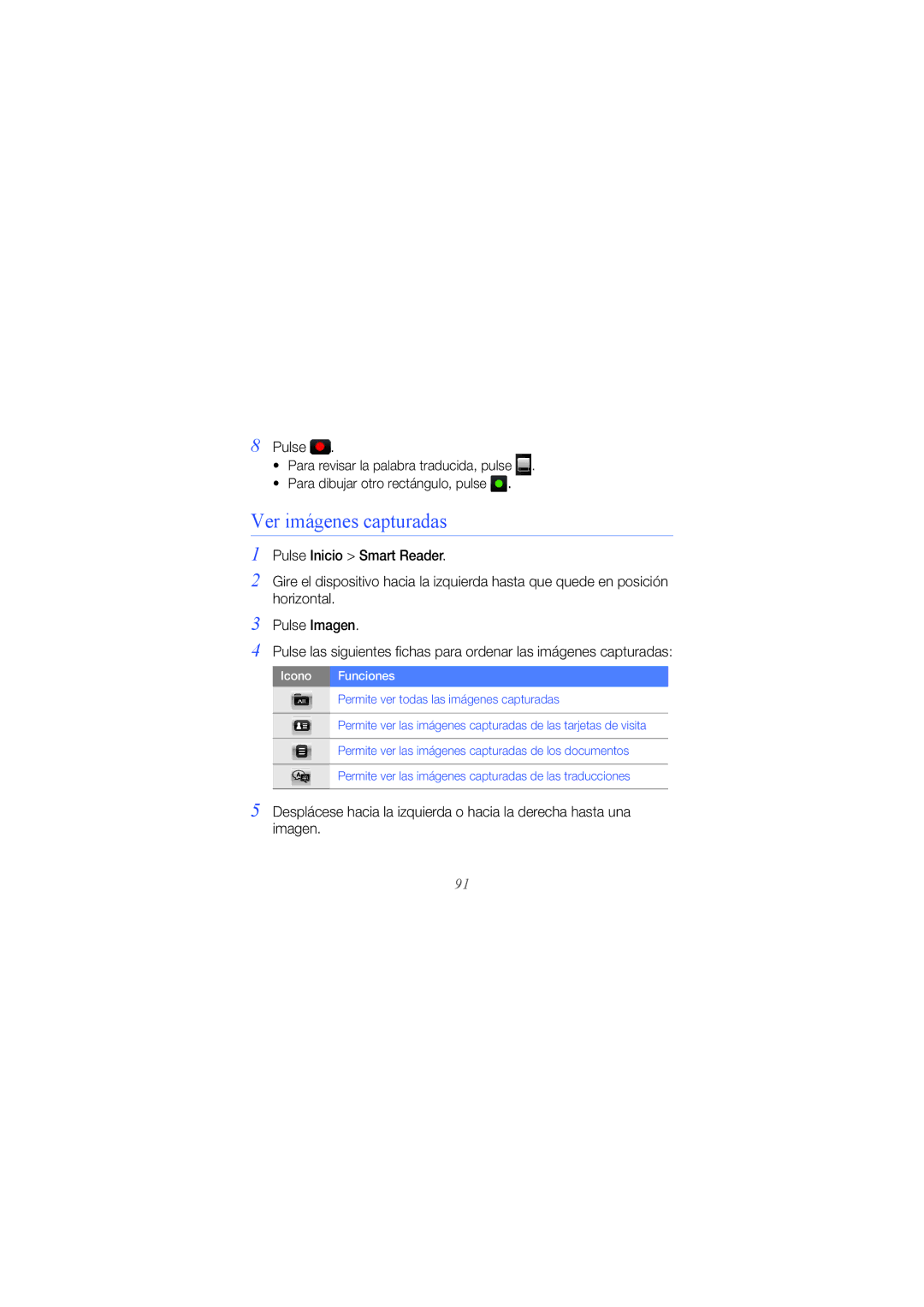 Samsung GT-I8000RRAYOG, GT-I8000RWCXEC, GT-I8000KKCXEC, GT-I8000RRAEUS manual Ver imágenes capturadas, Icono Funciones 