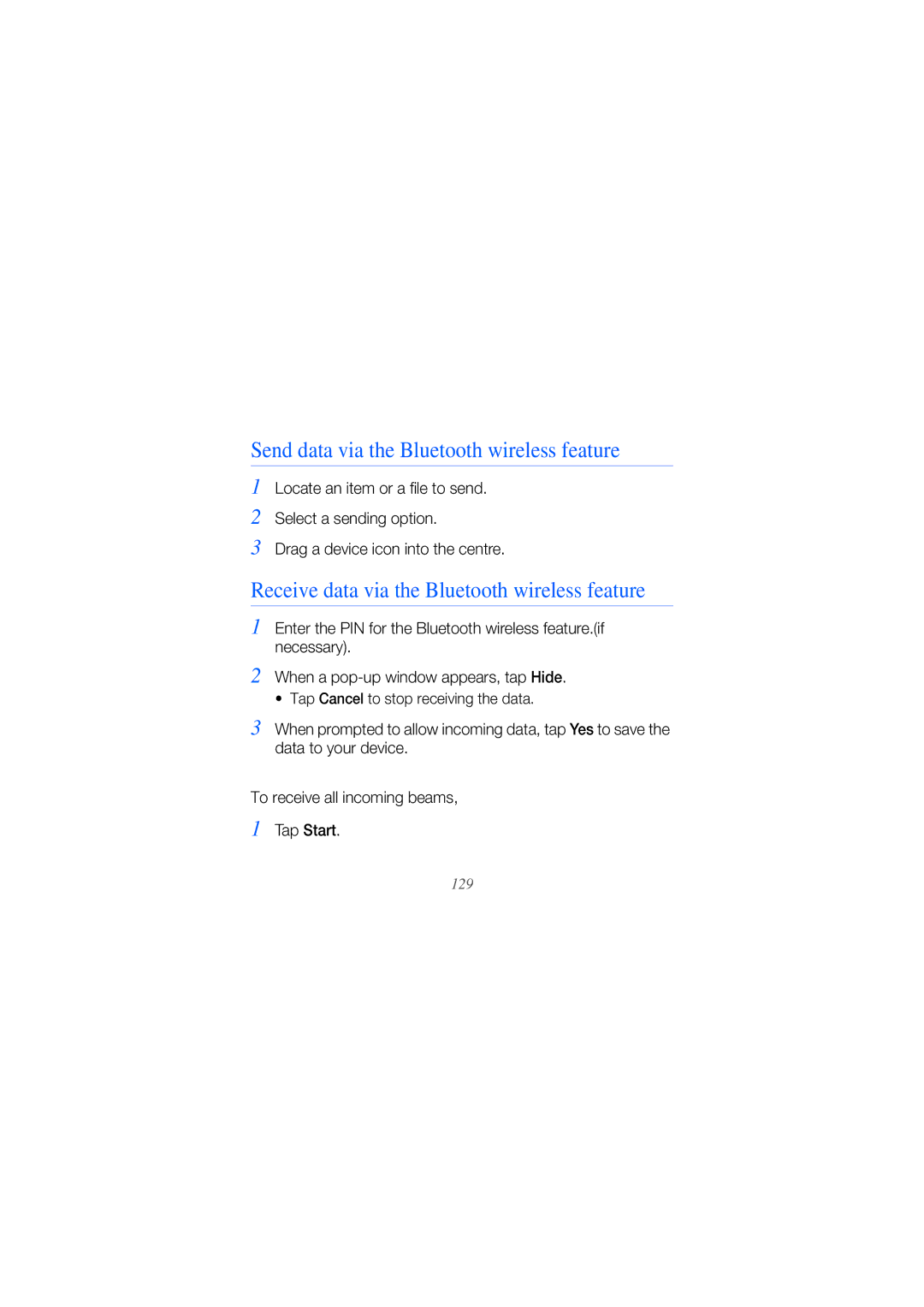 Samsung GT-I8000T manual Send data via the Bluetooth wireless feature, Receive data via the Bluetooth wireless feature 