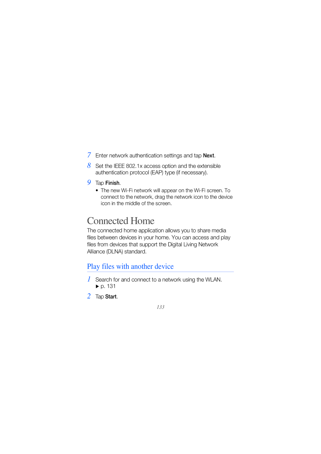 Samsung GT-I8000T manual Connected Home, Play files with another device, Enter network authentication settings and tap Next 