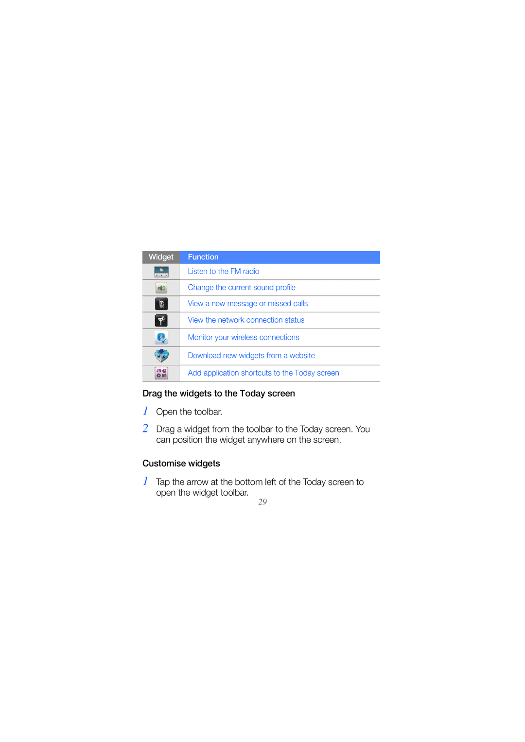 Samsung GT-I8000T manual Drag the widgets to the Today screen Open the toolbar, Widget Function 