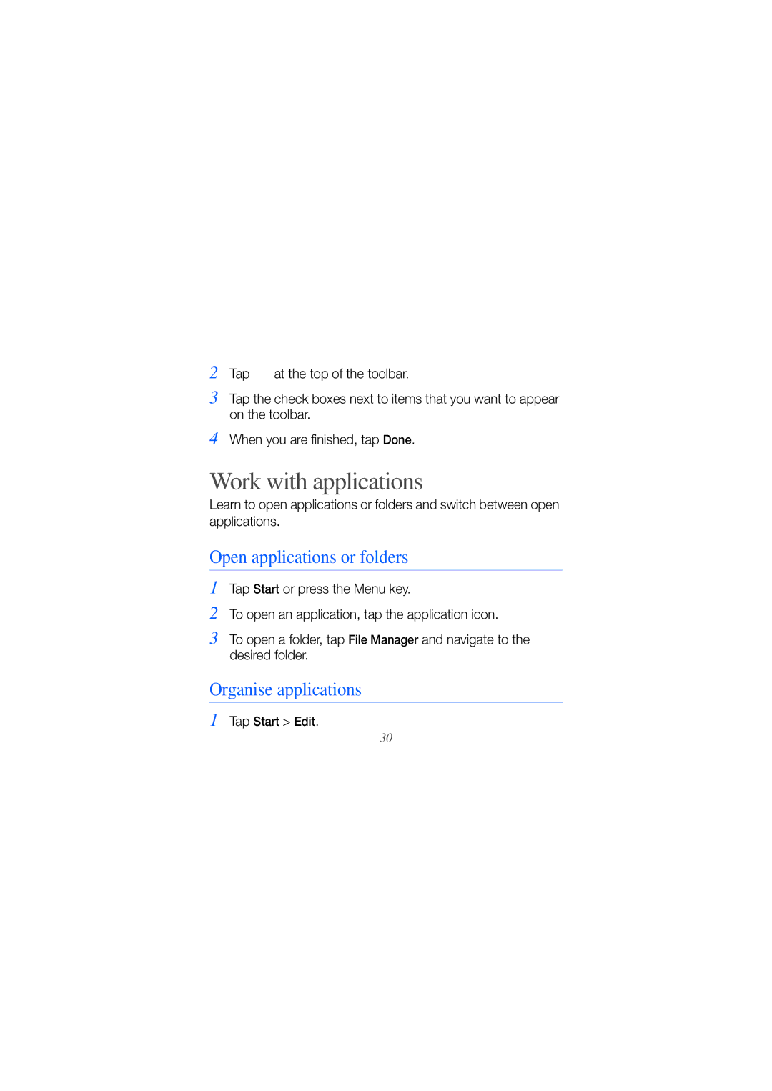 Samsung GT-I8000T manual Work with applications, Open applications or folders, Organise applications 