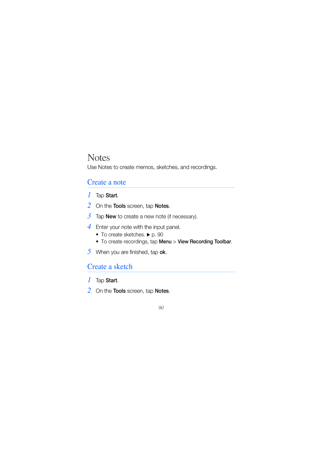 Samsung GT-I8000T manual Create a note, Create a sketch, Use Notes to create memos, sketches, and recordings 