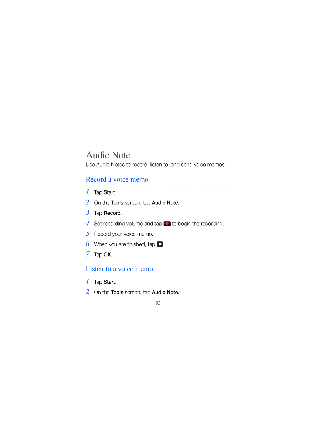Samsung GT-I8000T manual Record a voice memo, Listen to a voice memo, Tap Start On the Tools screen, tap Audio Note 