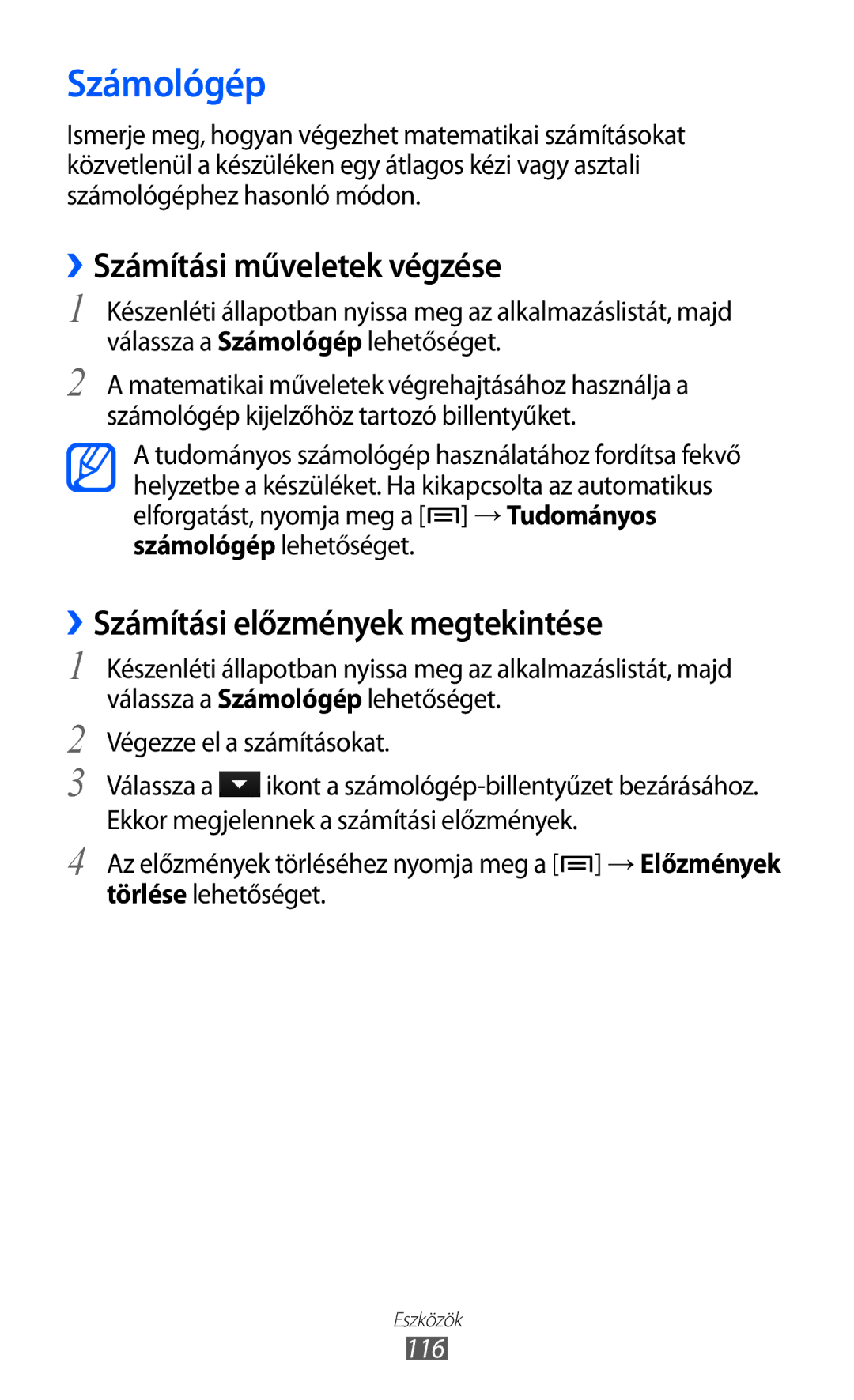 Samsung GT-I8150EWAMOT, GT-I8150EWAITV Számológép, ››Számítási műveletek végzése, ››Számítási előzmények megtekintése, 116 